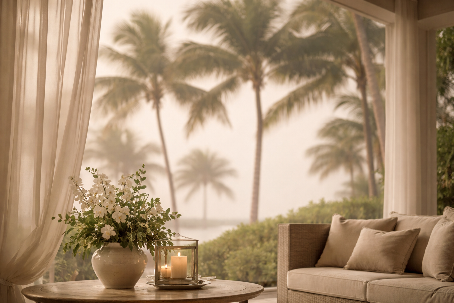 Prepared coastal home with palm trees visible beyond the terrace