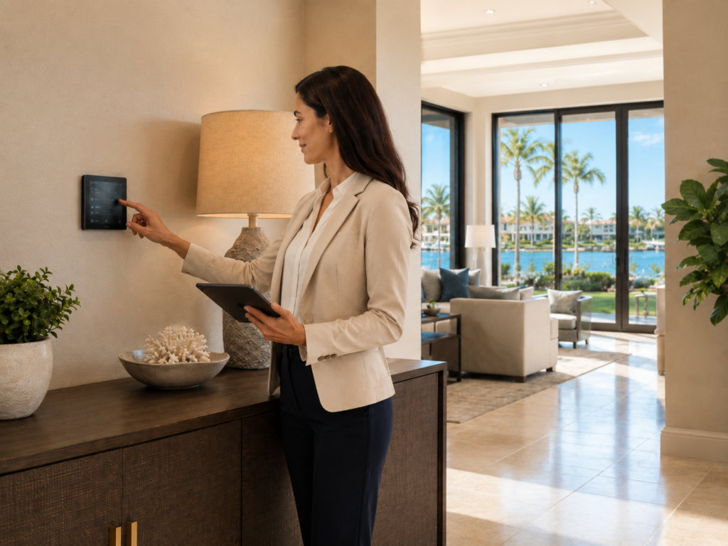Estate manager checking smart home monitoring system in a Southwest Florida seasonal home